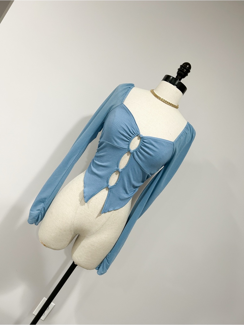 Urban Outfitters Light Blue Keyhole Ribbed Long-Sleeve Crop Top